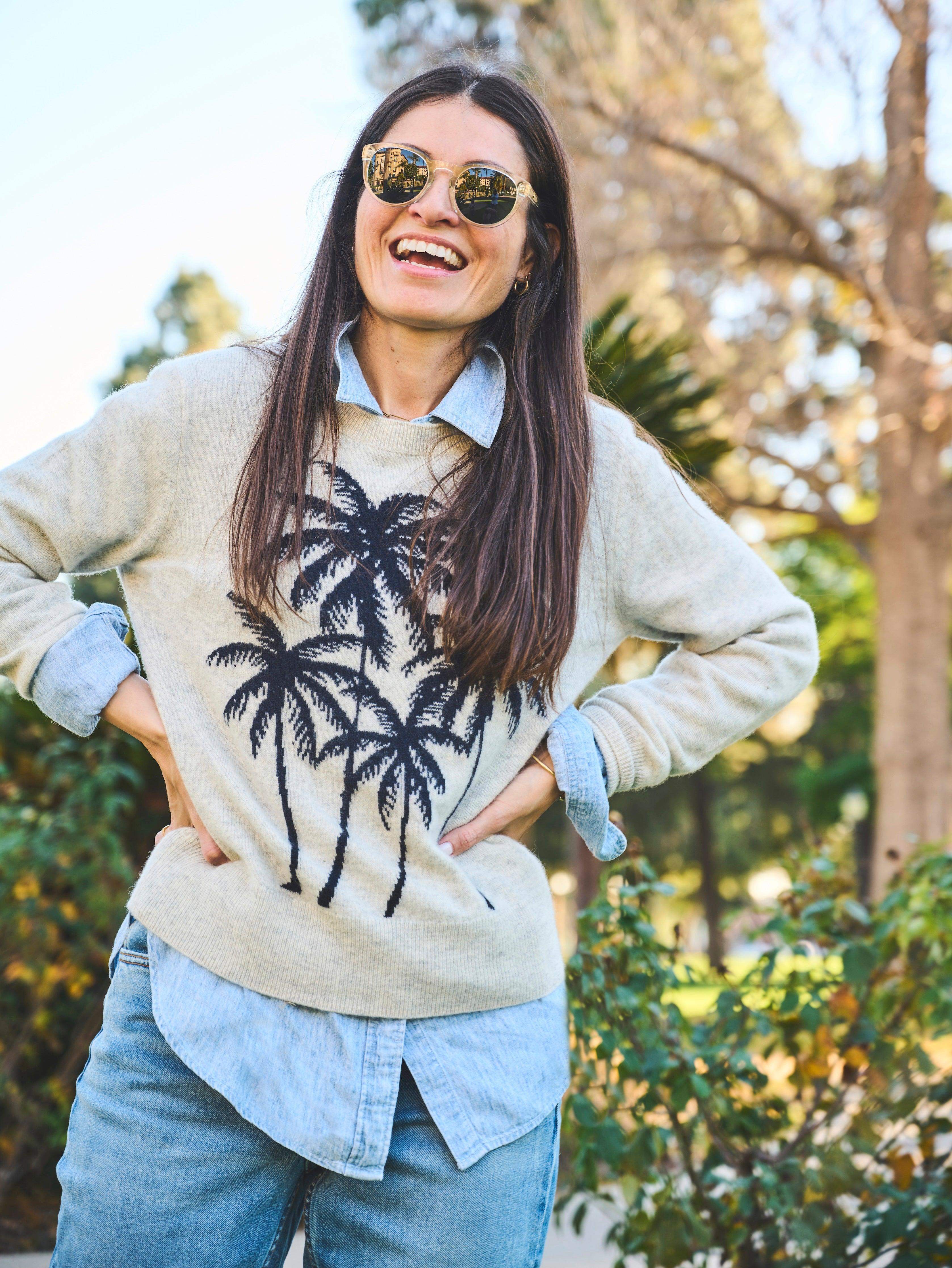 Palm Coast Cashmere Crewneck - Navy Palm Horizon