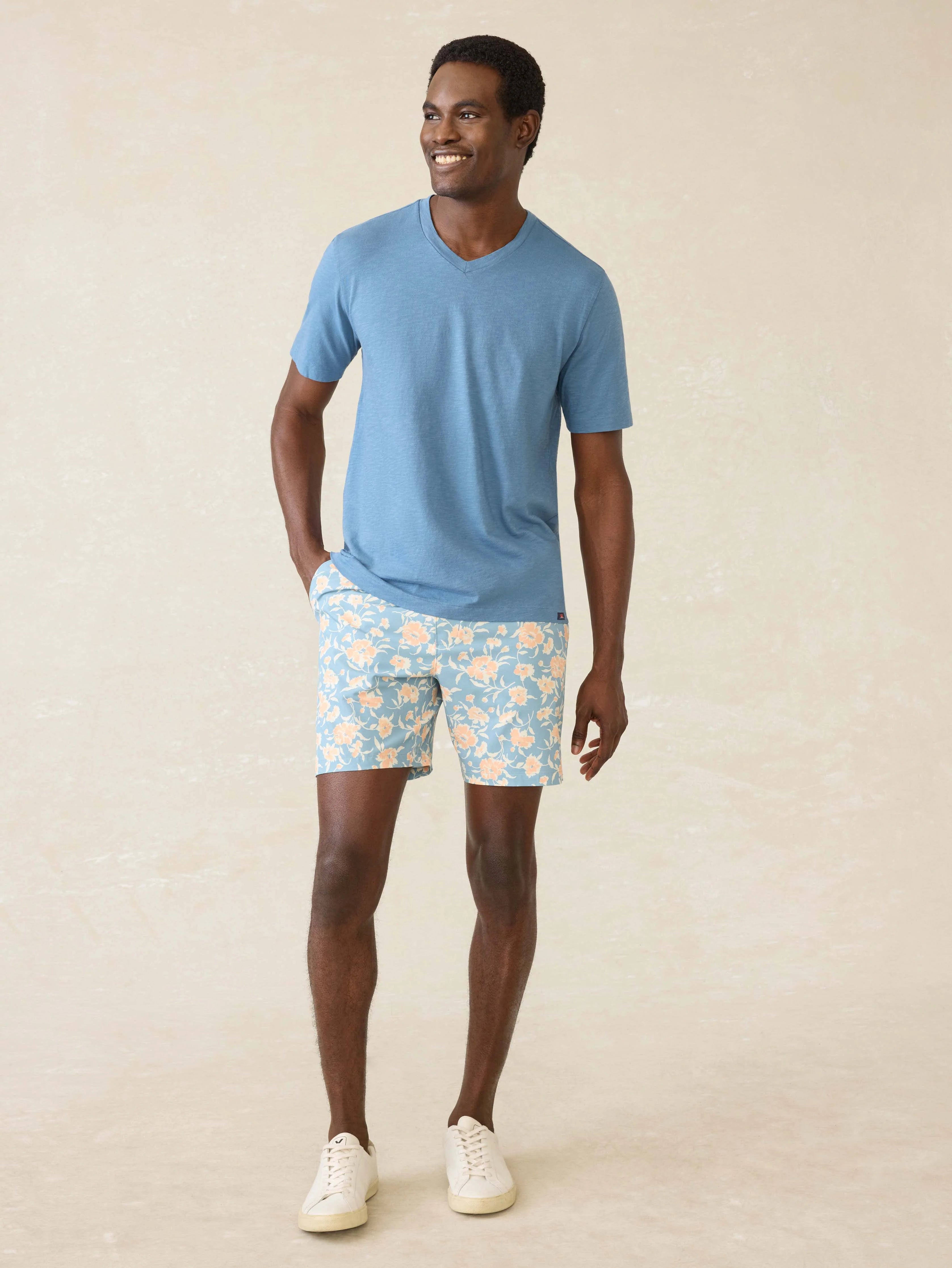 Short-Sleeve Sunwashed Regenerative Cotton V-Neck Tee - Blue Shore