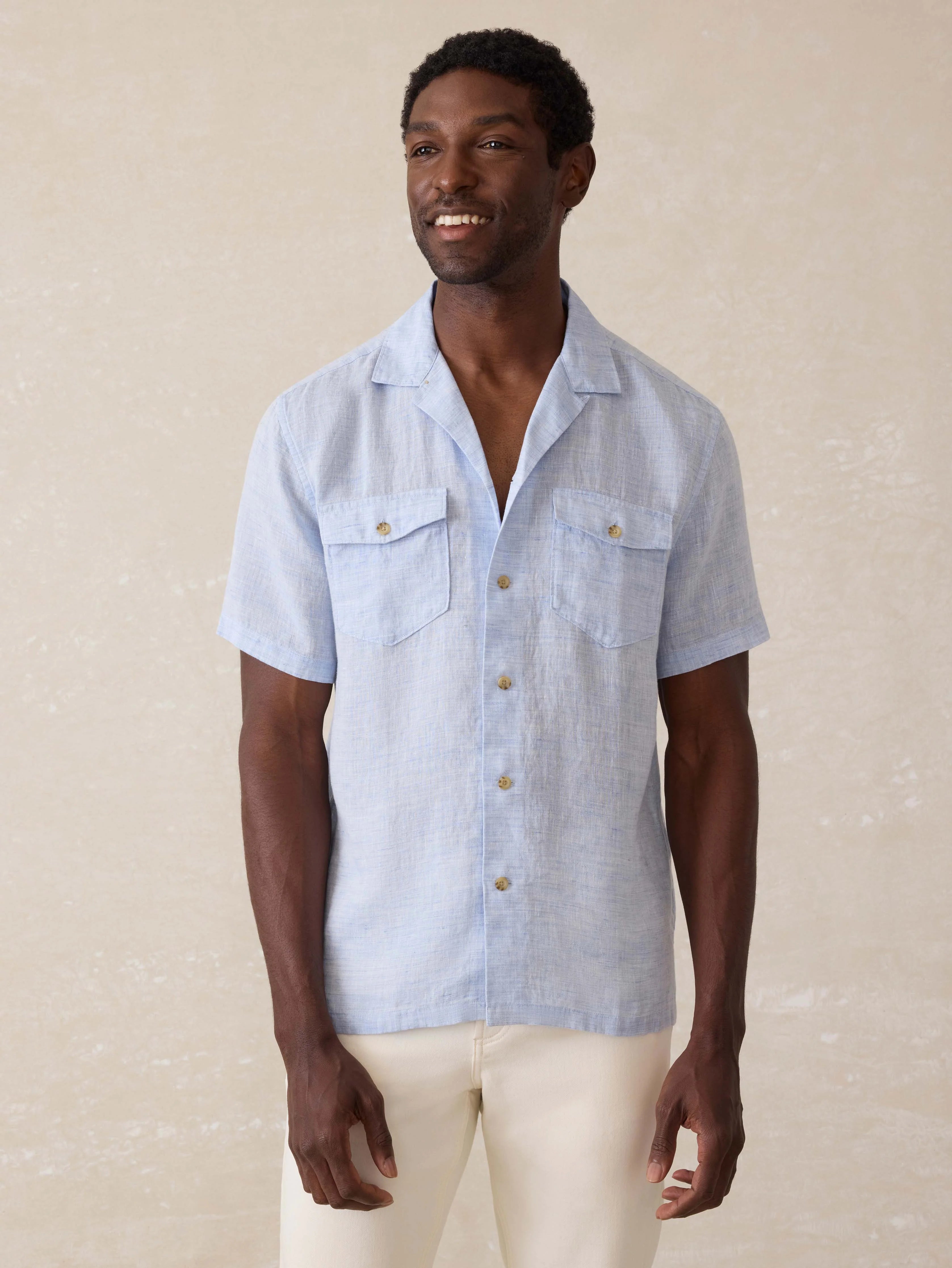 Short Sleeve Reserve Basque Camp Shirt - Light Blue Melange