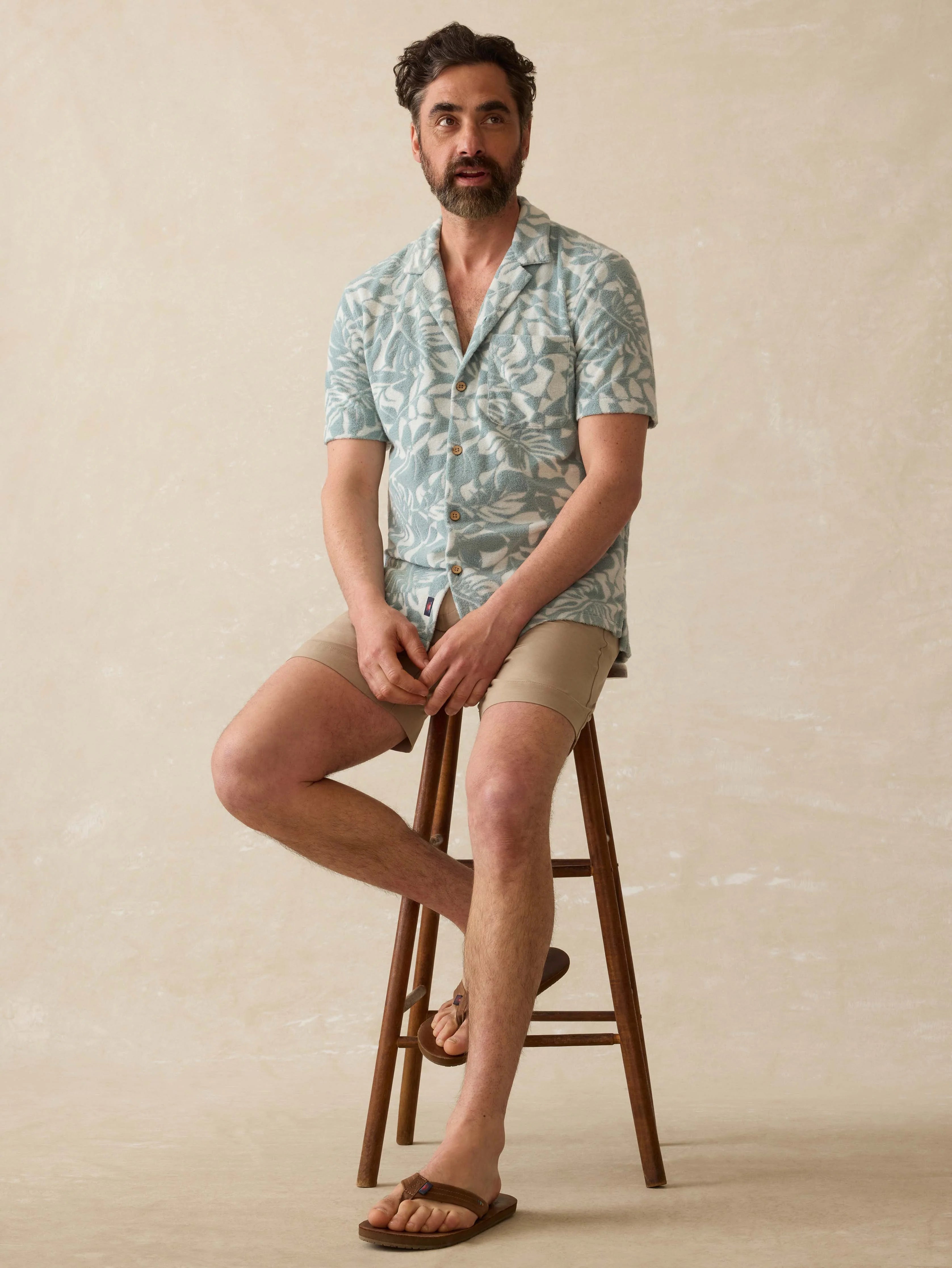 Short-Sleeve Cabana Towel Terry Shirt - Poolside Foliage Teal