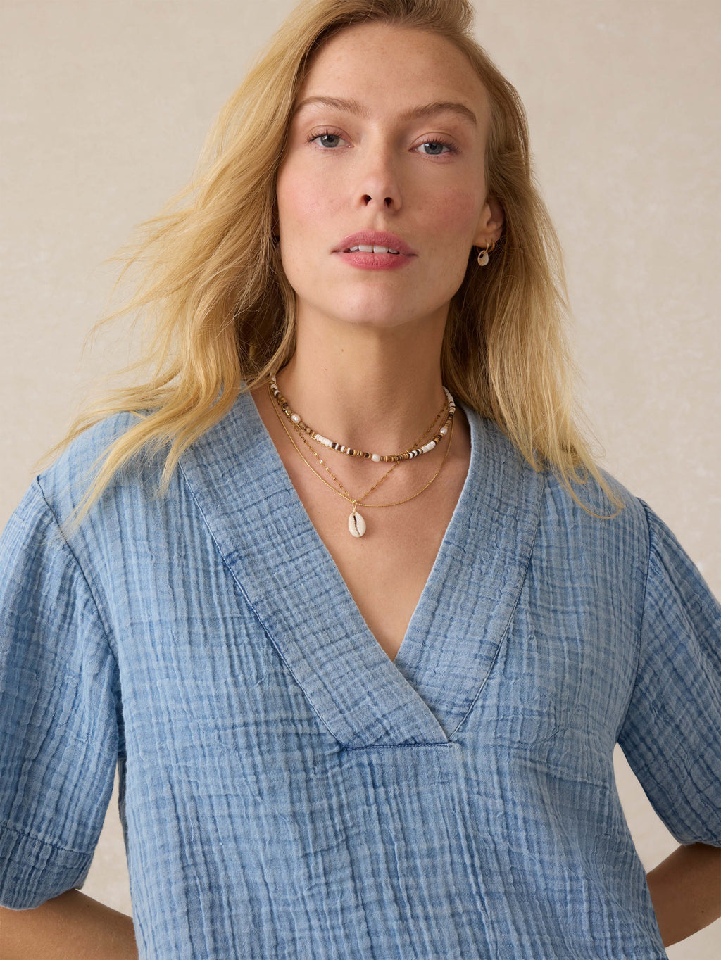 Dune Cotton Gauze Short Sleeve Popover - Light Indigo Wash
