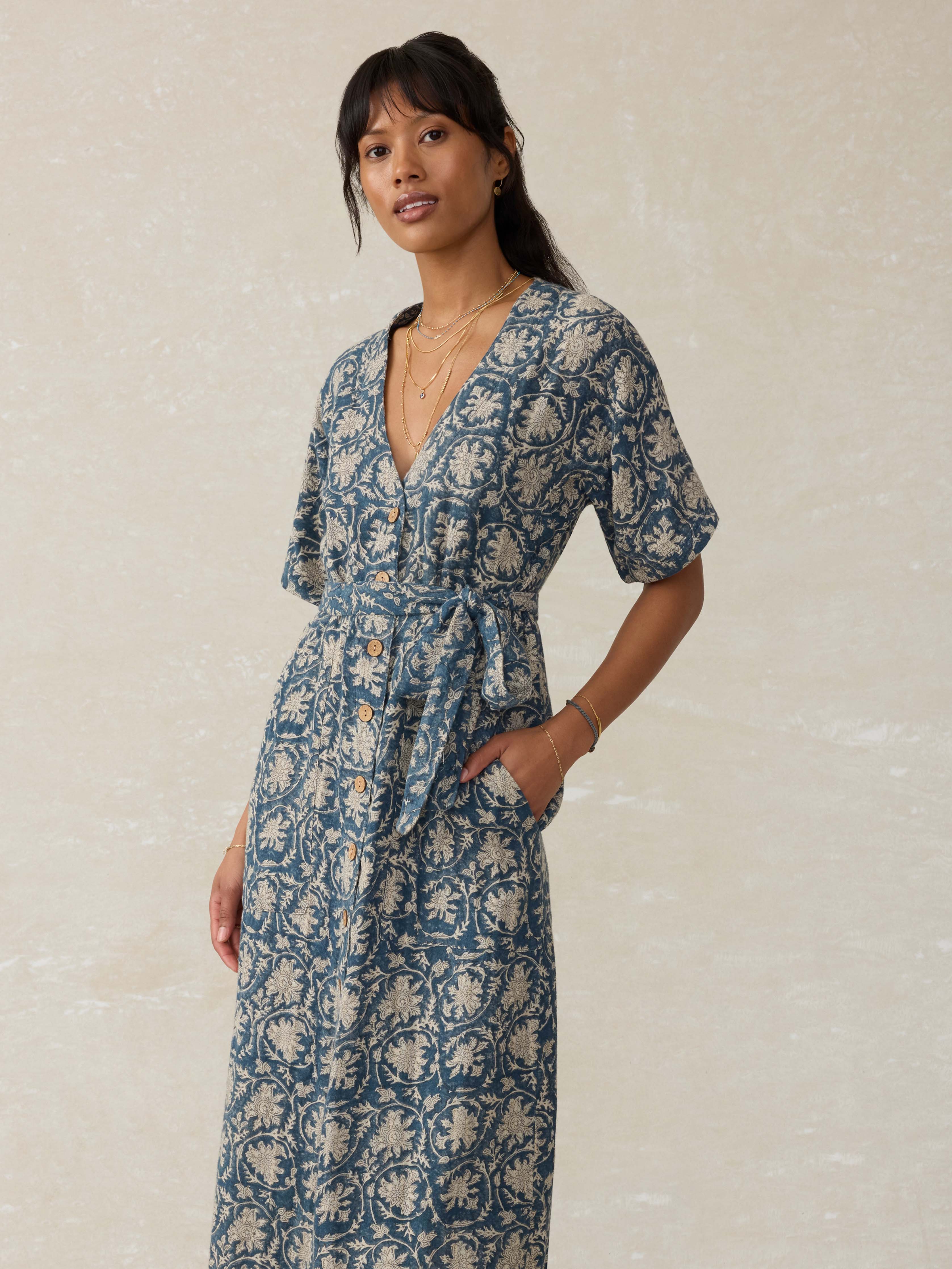 Dune Cotton Gauze Camille Midi Dress - Tranquil Tides Print