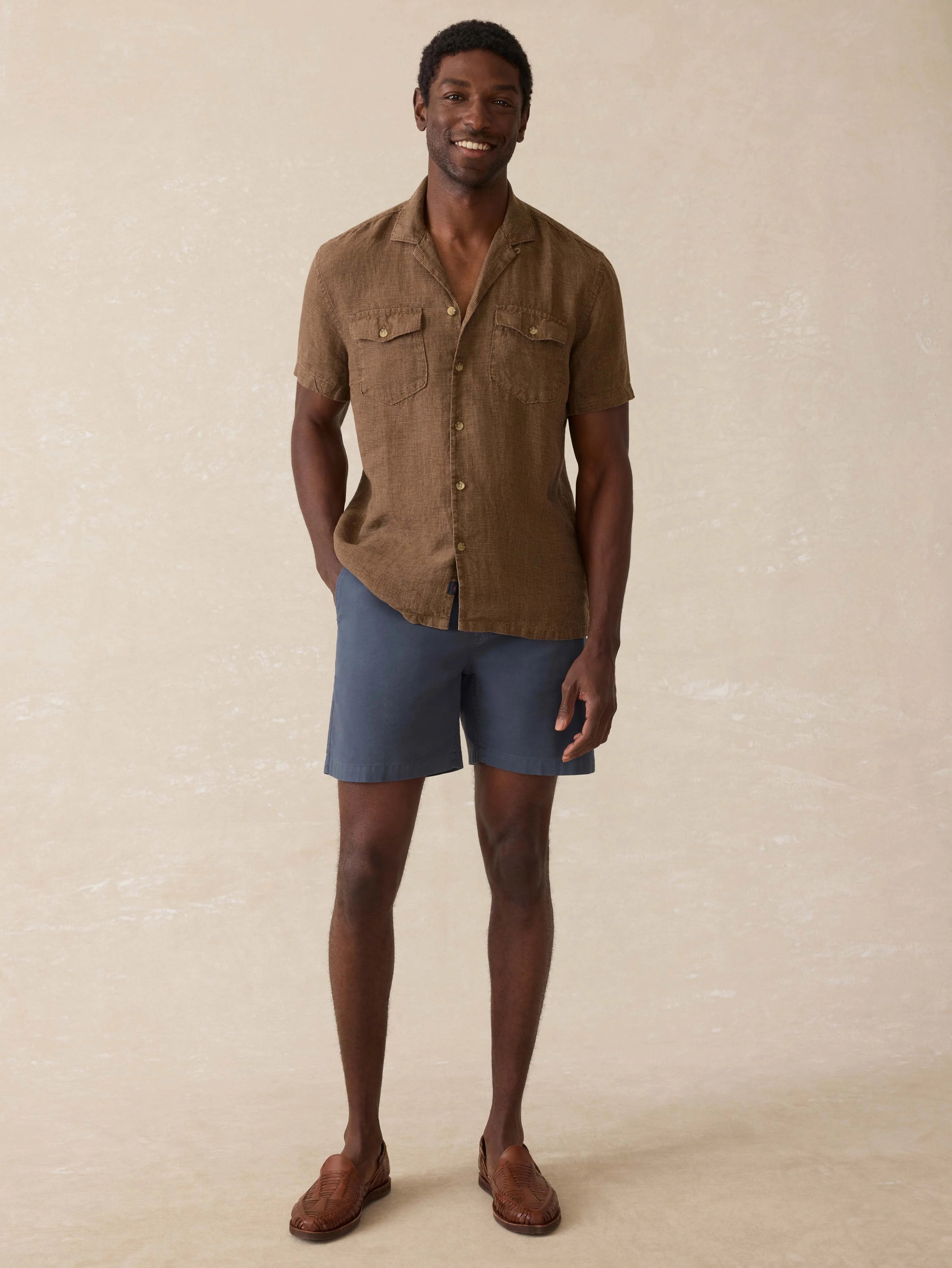 Short- Sleeve Reserve Basque Camp Shirt - Dark Oakwood Pincheck
