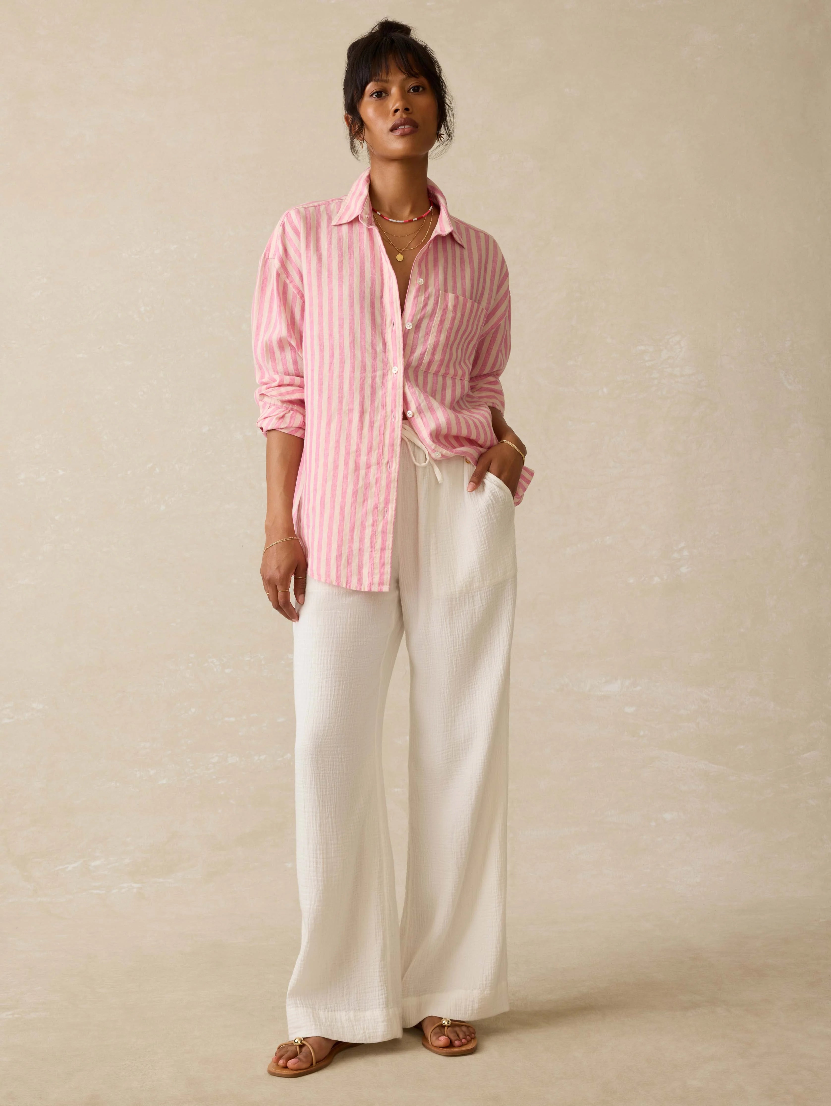 Laguna Linen Relaxed Shirt - Pink Lucy Stripe