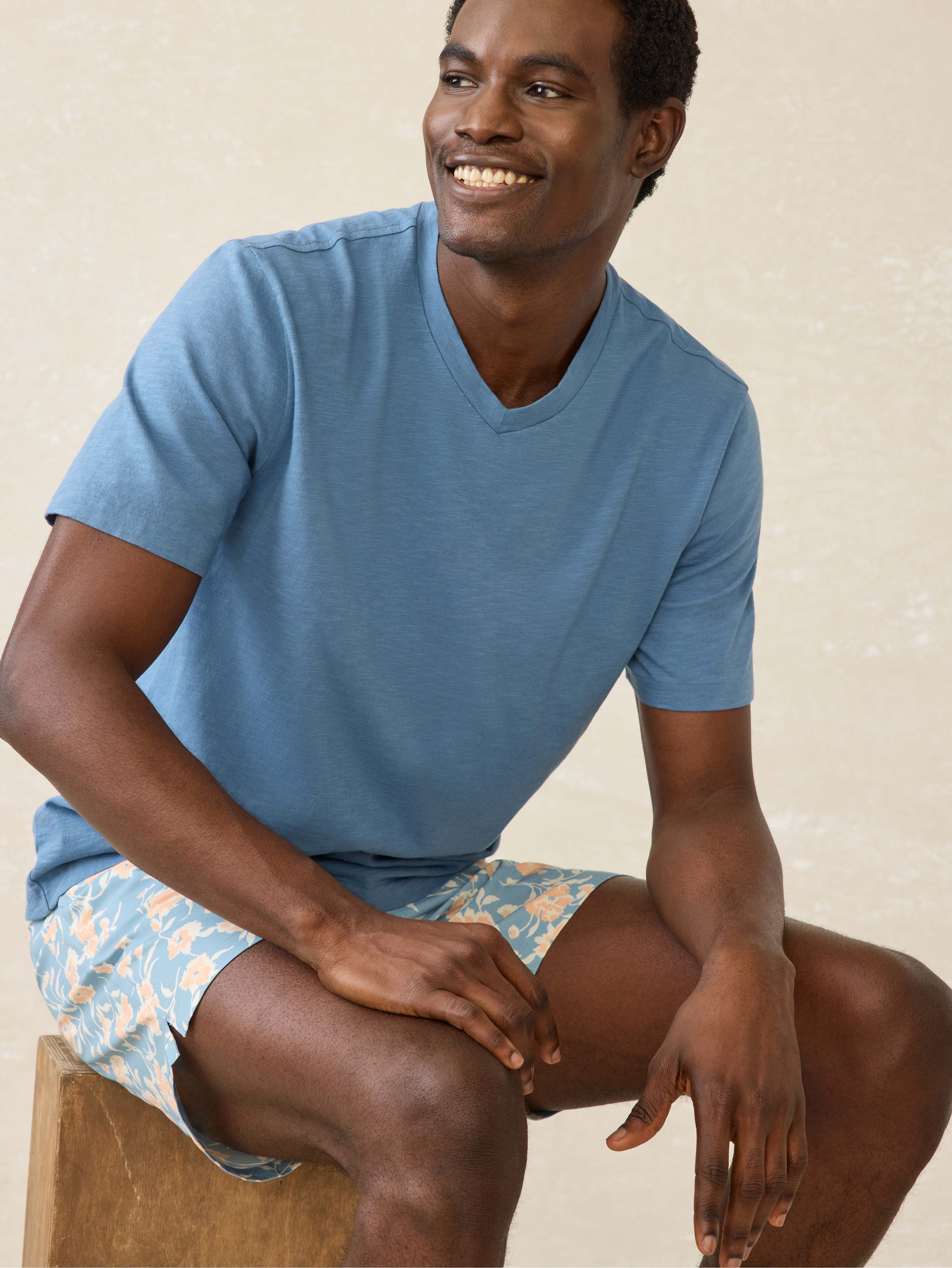 Short-Sleeve Sunwashed Regenerative Cotton V-Neck Tee - Blue Shore