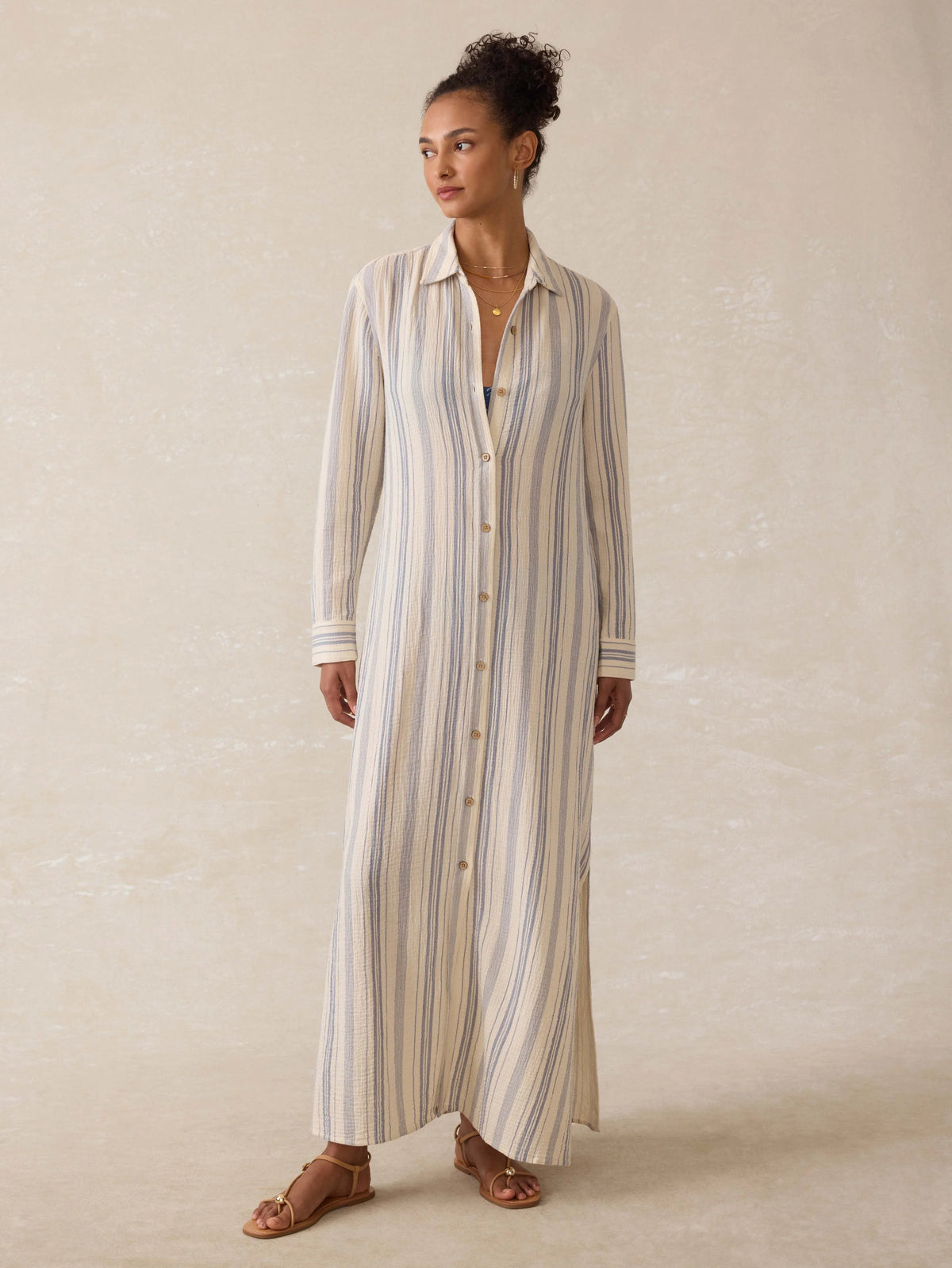 Dune Cotton Gauze Isla Shirtdress - Aqua Sea Stripe