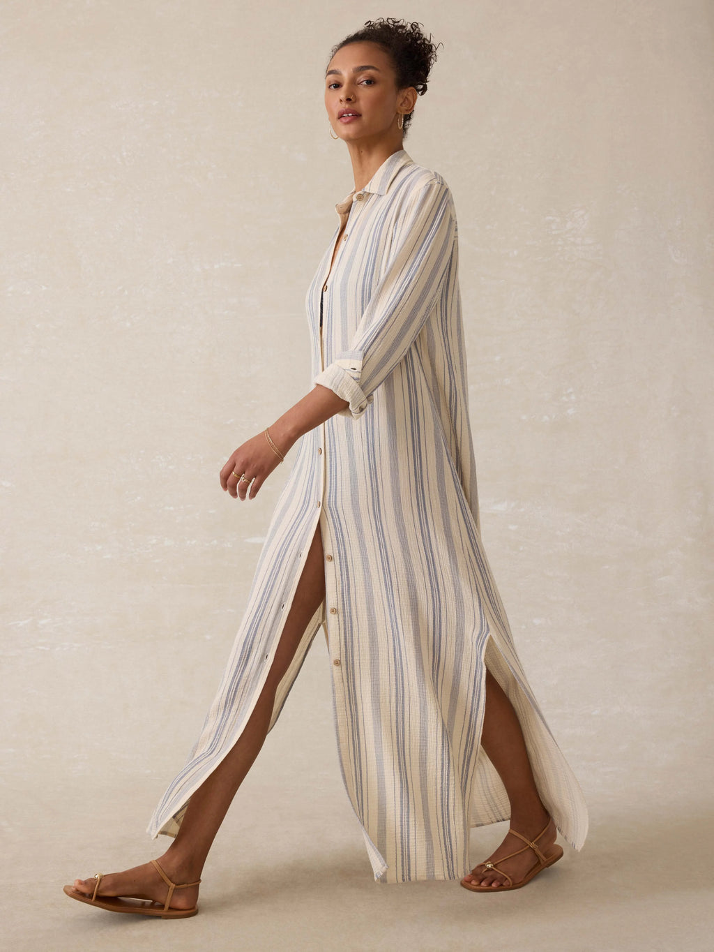 Dune Cotton Gauze Isla Shirtdress - Aqua Sea Stripe
