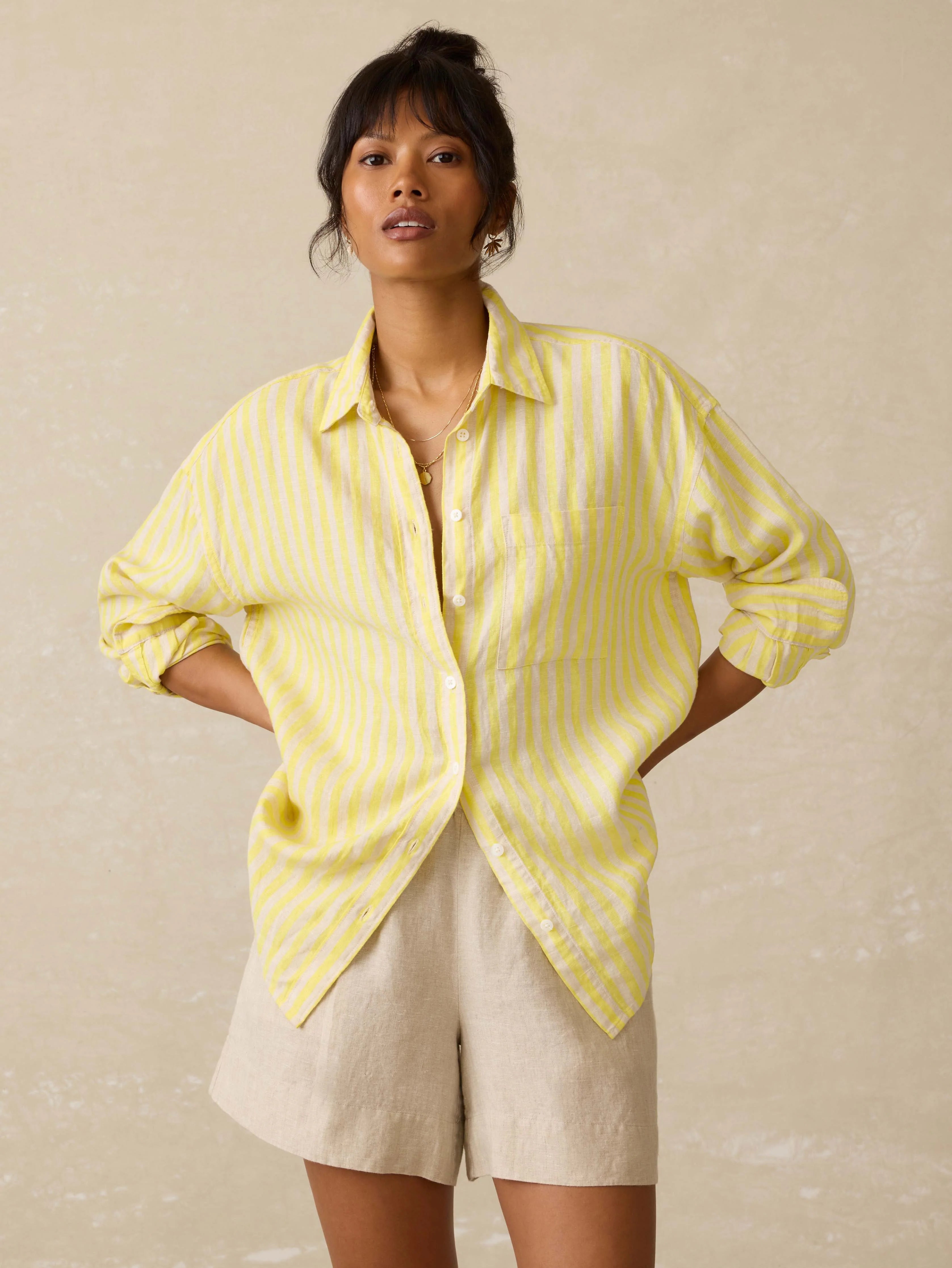 Laguna Linen Relaxed Shirt - Golden Kiwi Lucy Stripe