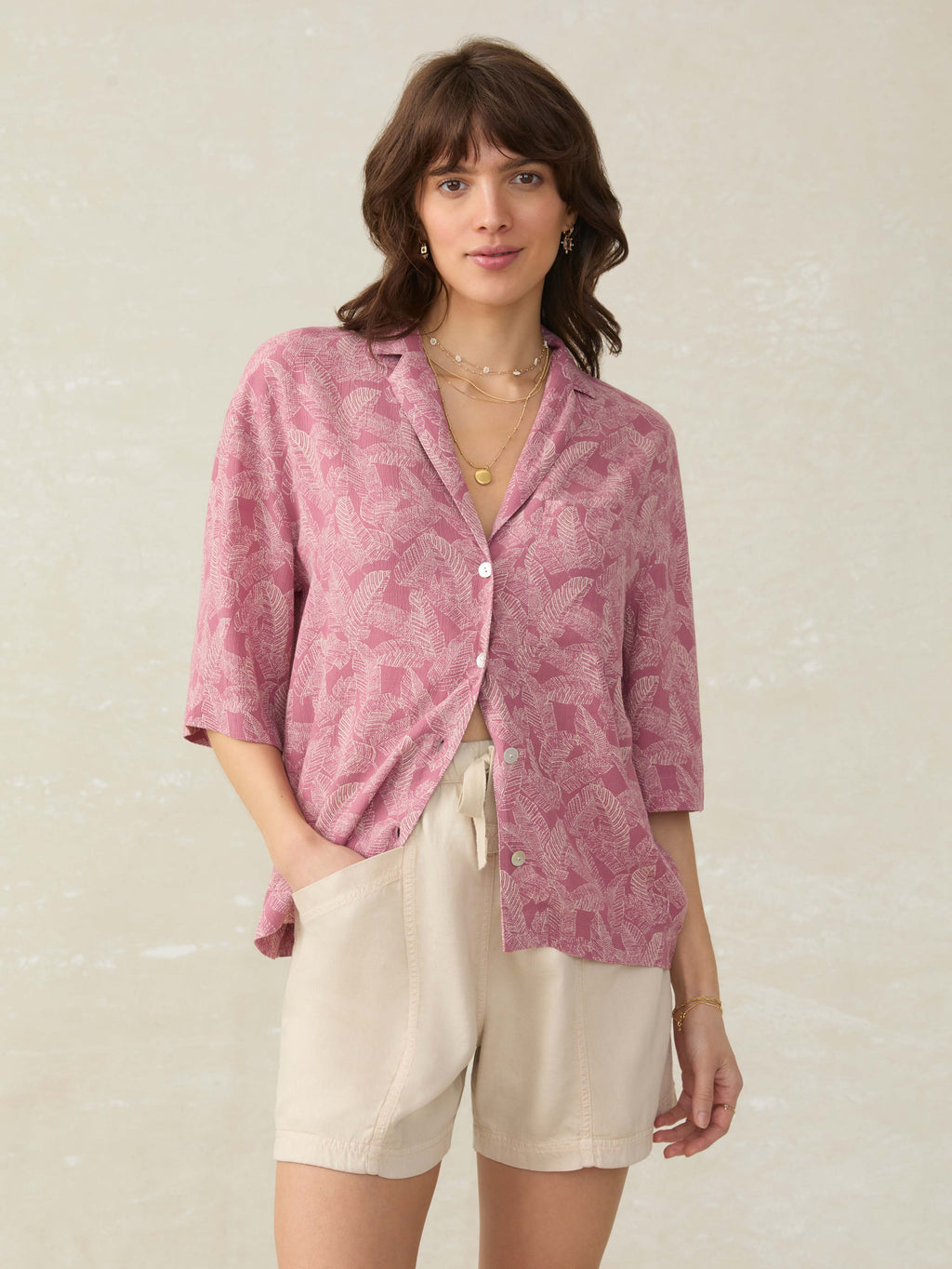Cabana Short-Sleeve Shirt - Dusty Rose Banana Leaf