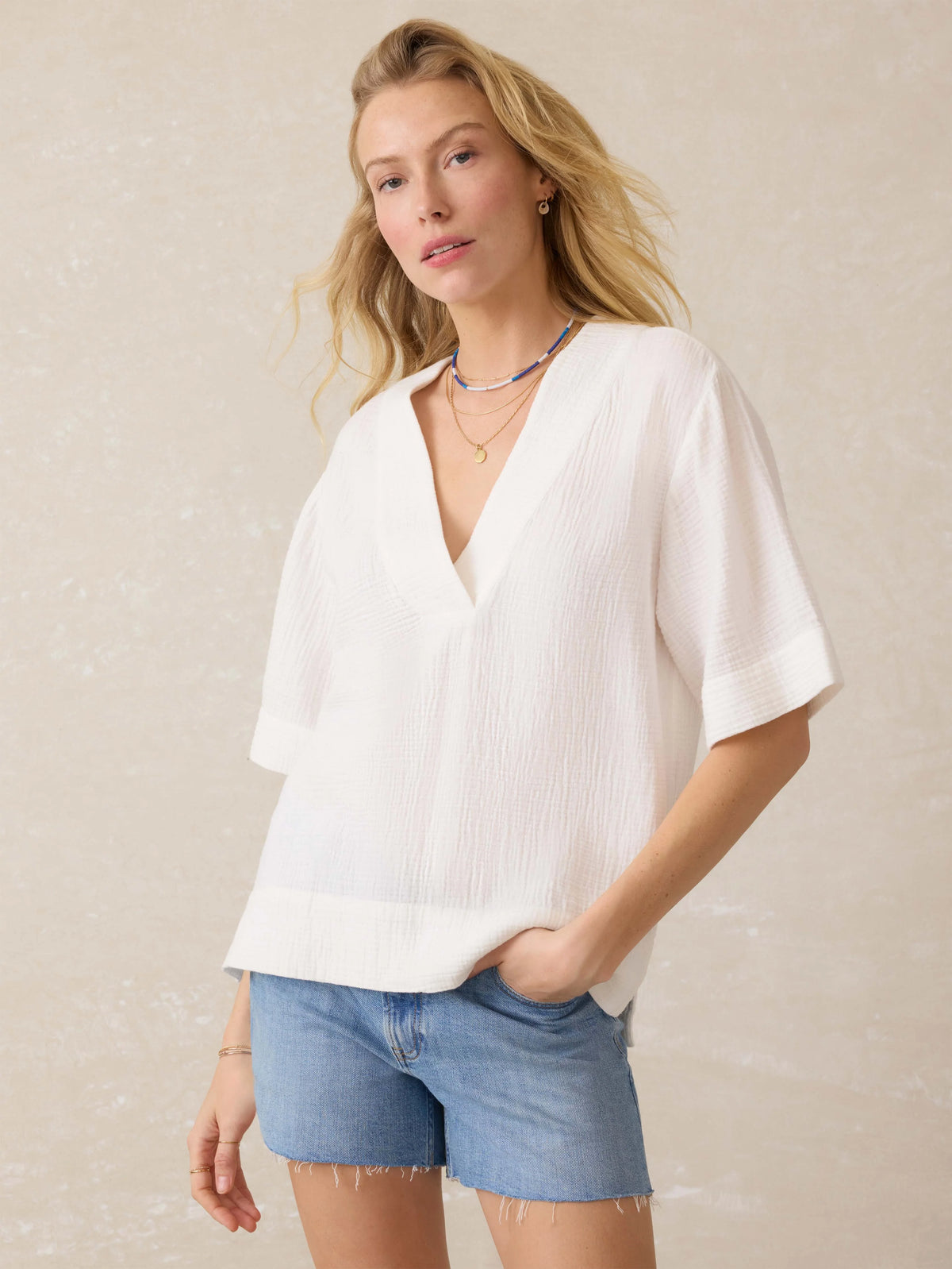 Dune Cotton Gauze Short Sleeve Popover - White