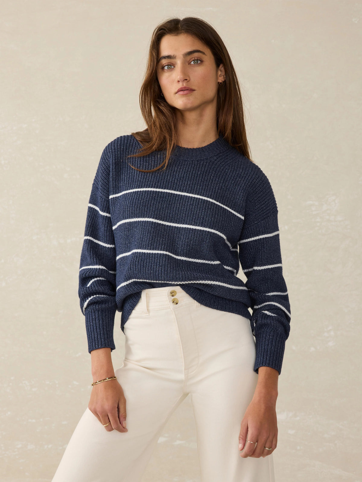 Sunwashed Cotton Fisherman Sweater - Water Mill Stripe