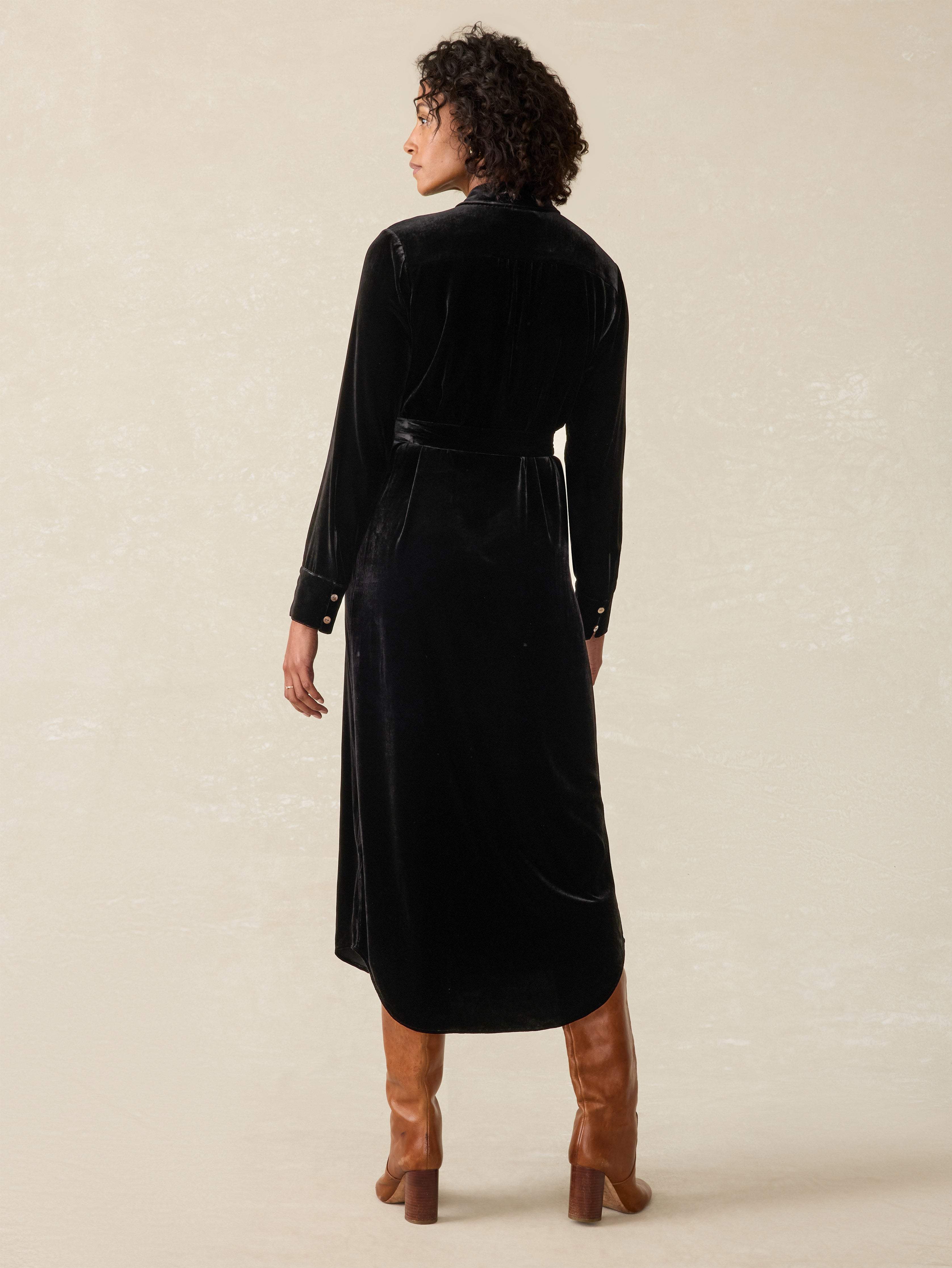 Stretch Silk Velvet Riley Midi Dress - Black