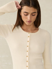 Stretch Cotton Cashmere Rib Cardigan - Whipped Cream