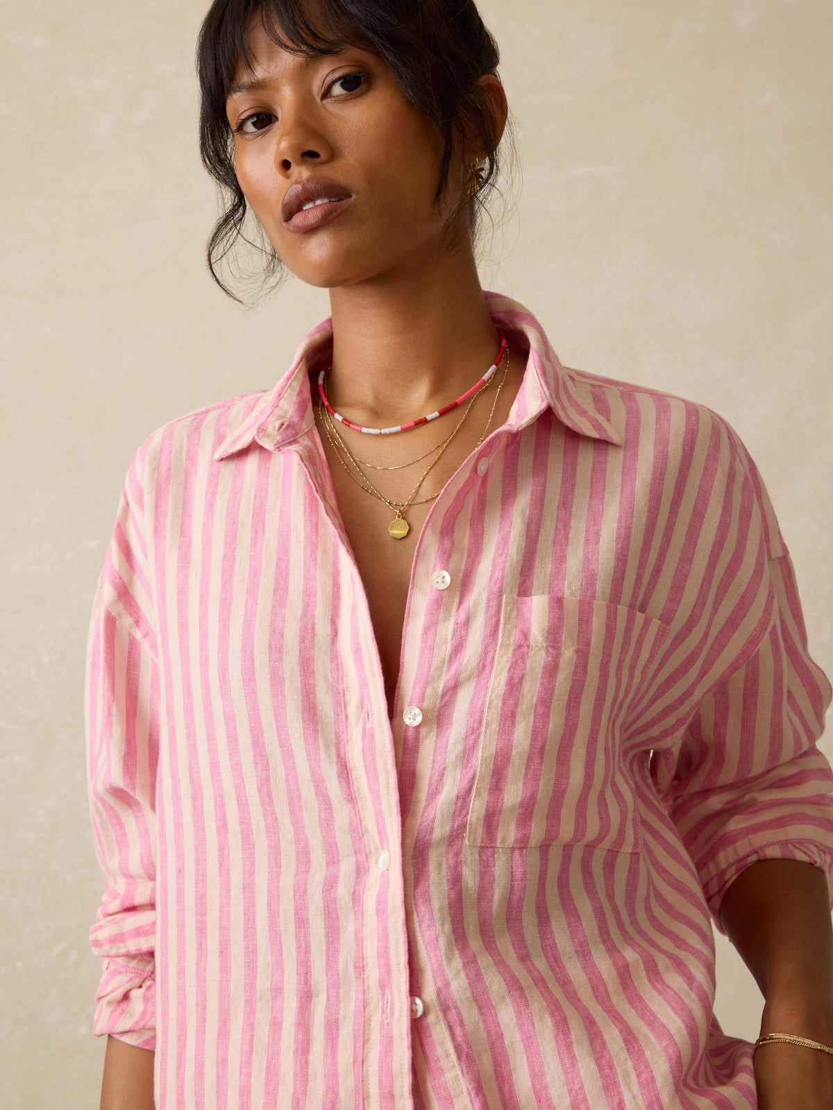 Laguna Linen Relaxed Shirt - Pink Lucy Stripe